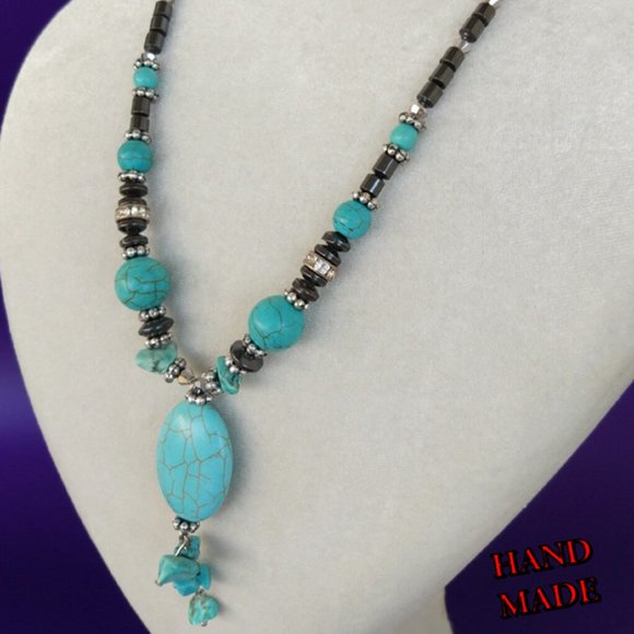 Turquoise Natural Stone Hematite Necklace - Picture 2 of 4